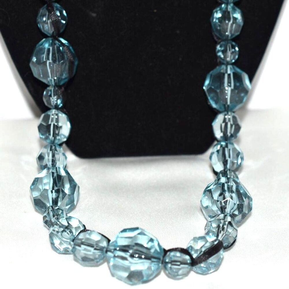 Voguish Large Blue Beveled Sparkle Beads Black Satin Ribbon  48+" Boho Necklace